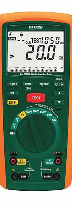 EXTECH Insulation Tester: 50 megaohm to 20 gigohm, CAT IV 600V, IP40, Digital, No Output, 200mA (MPN MG320). Key specifications — IP Rating: IP40; Test Voltage: 2,500V DC; Brand: EXTECH.