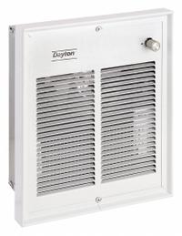 DAYTON Recessed Electric Wall-Mount Heater: 1500 W/2000 W, 240/277V AC, Single Phase, White (MPN 3ENC9). Key specifications — Grille Color: White; Programming Capability: Non-Programmable; Wattage Output: 1500 W/2000 W; Voltage, Phase: 240/277V AC, 1-phase; Rough-In Dimensions - H x W x D: 11-1/4 in x 9-1/2 in x 3-3/4 in; Nominal Voltage - HVAC: 240V AC; Brand: DAYTON; Phase: Single.