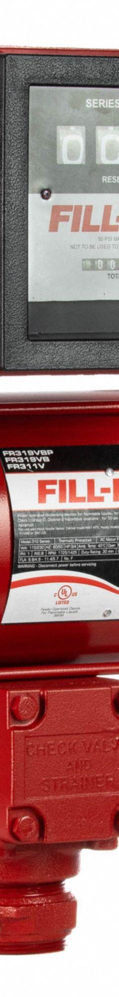 FILL-RITE Electric Drum Pump: 35 gpm Max. Flow Rate, 115/230 V AC, 3/4 hp HP, Pump with Meter, cULus (MPN FR311VN). Key specifications — Meter Unit Of Measure: Gallons; Brand: FILL-RITE; Rated Voltage: 115/230 V AC; Discharge Hose Size: Not Included; Nozzle Type: Not Included.