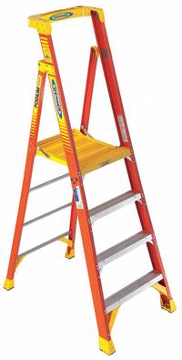WERNER Podium Stepladder: 6 ft Ladder Size, Fiberglass, 300 lb Load Capacity, 27 lb Wt (MPN PD6204). Key specifications — Brand: WERNER; Included Features: Guard Rail.