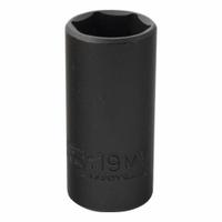 PROTO Impact Socket: 3/8 in Drive Size, Metric, 19 mm Socket Size, 6-Point, Deep, 2 in Overall Lg (MPN J7019MHT). Key specifications — attr1215501: PROTO; attr1215515: Black Oxide; attr1215518: 19 mm.