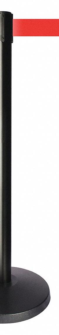 QUEUEWAY Barrier Post with Belt: Red, No Pattern, No Legend, 10 ft Belt Lg, Black, 10 ft x 2 in (MPN QPLUS-33-R5). Key specifications — Base Material: ABS; Belt Color: Red; Brand: QUEUEWAY; Post Material: Metal Alloy; Post Color: Black; Message: No Legend.