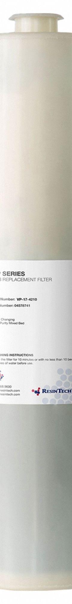 RESINTECH Lab Water Cartridge: VPK-3805, Tap Water, Plastic, 1. Key specifications — Feed Water Source: Tap Water; Material: Plastic; Product Type: Lab Water Cartridge; Manufacturer Part Number: VPK-3805.