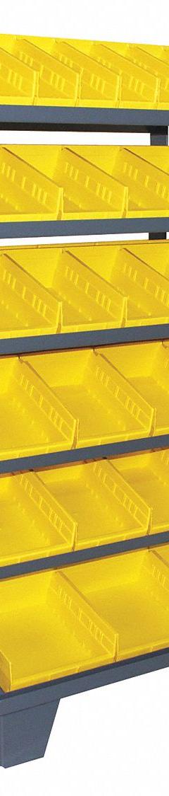 JAMCO Pick Rack: 36 in x 30 in x 64 in, 2 Usable Sides, 12 Shelves, 58 Bins, Shelf Bin, Yellow (MPN RR336GP). Key specifications — Bin HxWxD: (6) 4 in x 11-1/8 in x 11-5/8 in; Frame Material: Steel; Frame Color: Gray; Bin Color: Yellow; Brand: JAMCO.