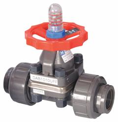 HAYWARD Diaphragm Valve: 2 in, PVC, 2-Way, NPT x Socket, 150 psi Max Pressure (CWP), FPM (MPN DAB1020UFF). Key specifications — Diaphragm Material: FPM; Special Features: Position Indicator; Brand: HAYWARD.