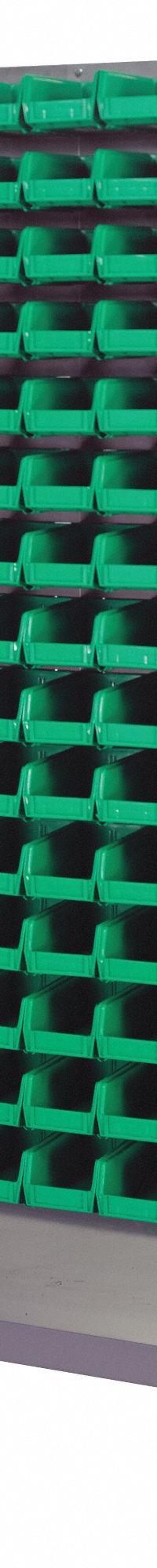 QUANTUM STORAGE SYSTEMS Mobile Louvered Floor Rack: 36 in x 24 in x 72 in, 240 Bins Included, Green (MPN QMD-36H-220GN). Key specifications — Bin Width: 4-1/8 in; Color: Gray; Caster Wheel/Configuration: (2) Rigid; Caster Wheel/Tread Material: Hard Rubber; Bin Color: Green; Bin Depth: 7-3/8 in; Bin Height: 3 in; Brand: QUANTUM STORAGE SYSTEMS.