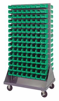 QUANTUM STORAGE SYSTEMS Mobile Louvered Floor Rack: 36 in x 24 in x 72 in, 240 Bins Included, Green (MPN QMD-36H-220GN). Key specifications — Bin Width: 4-1/8 in; Color: Gray; Caster Wheel/Configuration: (2) Rigid; Caster Wheel/Tread Material: Hard Rubber; Bin Color: Green; Bin Depth: 7-3/8 in; Bin Height: 3 in; Brand: QUANTUM STORAGE SYSTEMS.