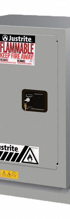 JUSTRITE Flammable Cabinet: 21 5/8 in Overall Dp, 24 in Overall Wd, 35 3/4 in Overall Ht, Steel (MPN 882434). Key specifications — Color: Silver; Material: Steel; Brand: JUSTRITE; Compatible with Product Type: Counters; Door Type: Self-Closing; Mobility: Stationary; Product Type: Flammable Cabinet.
