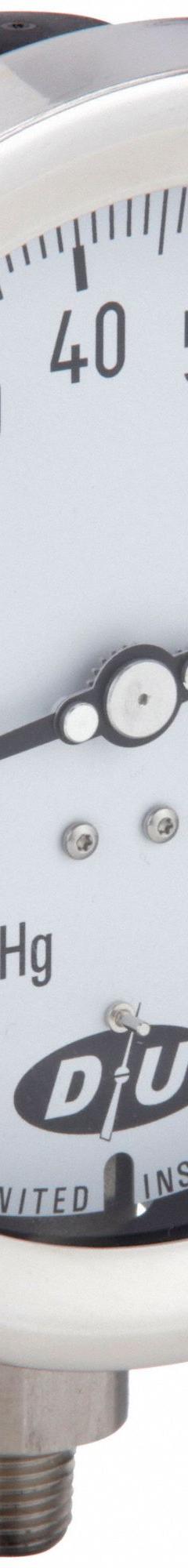 DURO Industrial Compound Gauge: 0 psi to 100 psi, White, 4 1/2 in Dial, 1/4 in NPT Male, Bottom, 4 (MPN 4.2072413E7). Key specifications — Brand: DURO; Pointer Color: Black; Accuracy: ±0.5%; Dial Color: White; Gauge Wetted Parts: Stainless Steel; Case Material: Stainless Steel; Vibration Resistance Properties: None; Pressure Range: 0 psi to 100 psi.