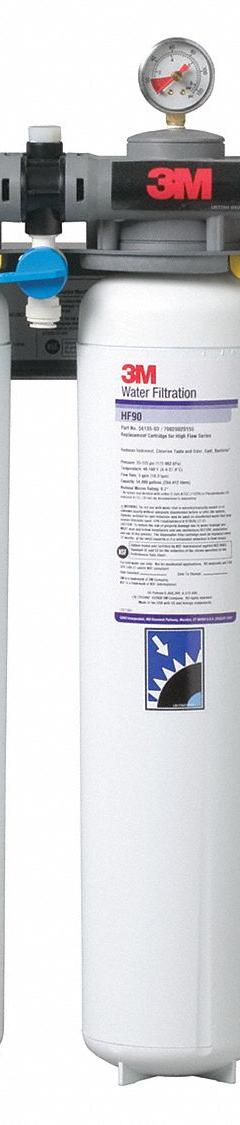 3M Water Filtration System: 0.2 micron, 10 gpm, NPT, 24 1/8 in Overall Ht, 108,000 gal (MPN 5624201). Key specifications — Brand: 3M; Reduces: Bacteria; Filter Media: Pleated Membrane.