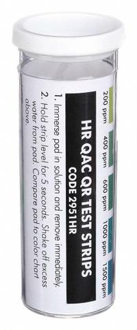 LAMOTTE Test Strips: QAC, 200 to 1,500 ppm QAC, Paper, 50 Tests, 3 in Overall Lg, 1/4 in Overall Wd (MPN 2951HR). Key specifications — Test Form: Paper; Brand: LAMOTTE; Parameter Measurements Included: 200 to 1,500 ppm QAC.