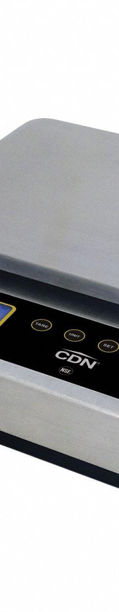 CDN Food Scale: 6 3/4 in Weighing Surface Dp, 7 1/4 in Weighing Surface Wd, 2 1/4 in Overall Ht, LCD (MPN SD2210X). Key specifications — Readability: 1 g; Brand: CDN; IP Rating: IP67.