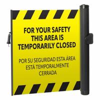 MODUS Mounted Barrier: Fixed Mount, 11 1/2 ft Belt Lg, Restricted Access Messaging, Yellow (MPN ZP+MPP-Y-IH). Key specifications — Message Color: Black; Frame Color: Black; Brand: MODUS; Belt Color: Yellow.