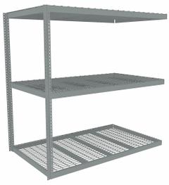 TENNSCO Boltless Shelving: Add-On, Heavy-Duty, 84 in x 42 in, 84 in Overall Ht, 3 Shelves, Steel (MPN ZLE7-8442A-3W). Key specifications — Finish: Powder Coated; Maximum Post Load Capacity: 8,000 lb with Beams Evenly Spaced at 24 in; Decking Material: Steel; Color: Gray; Beam Profile: Angle; Brand: TENNSCO; Side Panel: Closed (Starter); Open (Add-On).