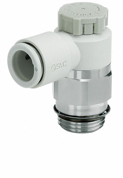SMC Speed Control Valve: Elbow Fitting, Screw, 1/4 in/1/8 in Valve Body Size - Elbow-Style Speed Control Valves
