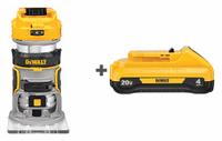 DEWALT Cordless Compact Router: 20V MAX*, Battery Included, Fixed Base, 1.25 hp, 25,500 RPM, 4.0 Ah (MPN DCW600B/DCB240). Key specifications — attr217755: Bare Tool; attr217749: 4.0 Ah; attr217752: Brushless.