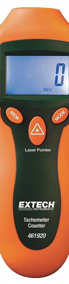 EXTECH Laser Tachometer: +/-0.05% RPM Accuracy, 1 RPM, 99,999 RPM Max Contact RPM, Reflective Tape (MPN 461920). Key specifications — Includes: Reflective Tape; Brand: EXTECH; Digital Display Screen Type: LCD; RPM Accuracy: +/-0.05%; RPM Resolution: 1 RPM; Calibration Certificate: Not Included.