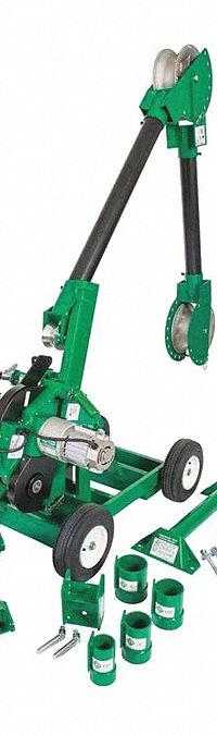 GREENLEE Cable Puller: Floor Mount/Wheeled, 6,500 lbf Max Force, 17 fpm Max Speed, 8 ft Boom Lg (MPN 6005). Key specifications — attr534121: Wheeled; attr534134: 120V AC; attr531753: GREENLEE.