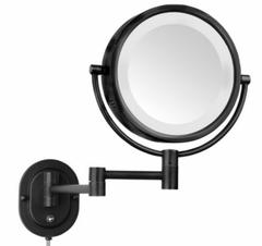 SEE ALL Makeup Mirror: Round, Glass, 13 in Overall Ht, 11 in Overall Wd, 3 in Overall Dp, Wall, 5X (MPN HLBKSA895). Key specifications — Brand: SEE ALL INDUSTRIES; Frame Material: Metal; Frame Color: Black; Lighting Location: Front; Mirror Edge Style: Polished Edge; Lighted: Yes.