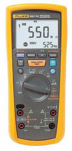 FLUKE Insulation Multimeter: 0.01 megaohm to 2 gigohm, CAT III 1000V/CAT IV 600V, IP40, Digital (MPN FLUKE-1587 FC/WWG). Key specifications — IP Rating: IP40; Test Voltage: 500V DC; Brand: FLUKE.