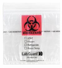 Specimen Transfer Bag: LDPE, Biohazard, 1.75 mil Thick, Clear, 6 in Overall Ht, 49-91, 1,000 PK. Key specifications — Brand: MEDEGEN MEDICAL PRODUCTS; Closure Type: Zipper; Product Type: Dual Pouch Specimen Bag; Manufacturer Part Number: 49-91; Color: Clear; Display Sell UOM: PK; Legend: Biohazard.