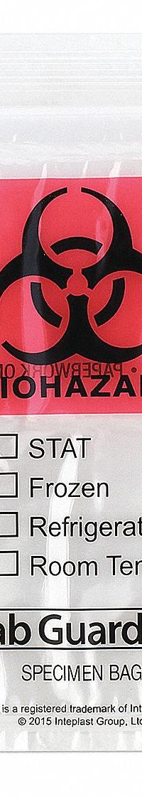 Specimen Transfer Bag: LDPE, Biohazard, 1.75 mil Thick, Clear, 6 in Overall Ht, 49-91, 1,000 PK. Key specifications — Brand: MEDEGEN MEDICAL PRODUCTS; Closure Type: Zipper; Product Type: Dual Pouch Specimen Bag; Manufacturer Part Number: 49-91; Color: Clear; Display Sell UOM: PK; Legend: Biohazard.