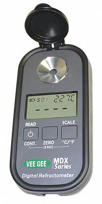 VEE GEE Refractometer: Auto, Digital, 4 7/8 in Overall Dp, 2 1/4 in Overall Wd (MPN 48603). Key specifications — attr1073899: VEE GEE; attr1079772: +/- 1.0°F EG Freeze Point; attr1079778: Automatic; attr1079777: 0.1% PG; attr1108250: Propylene Glycol Freeze Point.