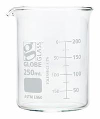 GLOBE SCIENTIFIC Beaker: 250 mL, 8.45 fl oz, A, Low Form, Type I, White, Borosilicate Glass (MPN 8010250). Key specifications — attr1371034: Type I; attr1371051: GLOBE SCIENTIFIC; attr1371062: White.