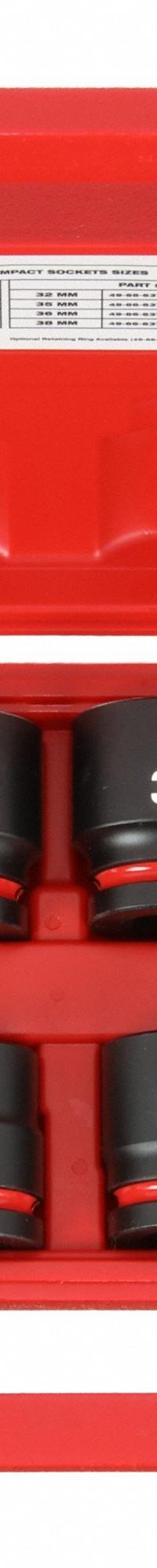 MILWAUKEE Impact Socket Set: 3/4 in Drive Size, 26mm/27mm/29mm/30mm/32mm/35mm/36mm/38mm Socket Size (MPN 49-66-7019). Key specifications — attr1204251: MILWAUKEE; attr1215453: 3/4 in; attr1215454: 26 mm to 38 mm; attr1224229: Friction.