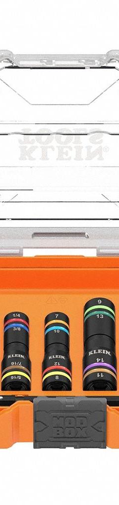 KLEIN TOOLS Impact Quad Flip Socket Set: 1/4 in, 3/8 in Drive Size, Small Set (0-50 pieces) Set Size (MPN 656QS). Key specifications — attr1226214: MODbox™; attr1204251: KLEIN TOOLS; attr1215453: 1/4 in, 3/8 in; attr1215454: 1/4 to 1 in.