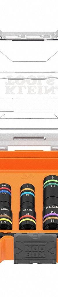 KLEIN TOOLS Impact Quad Flip Socket Set: 1/4 in, 3/8 in Drive Size, Small Set (0-50 pieces) Set Size (MPN 656QS). Key specifications — attr1226214: MODbox™; attr1204251: KLEIN TOOLS; attr1215453: 1/4 in, 3/8 in; attr1215454: 1/4 to 1 in.