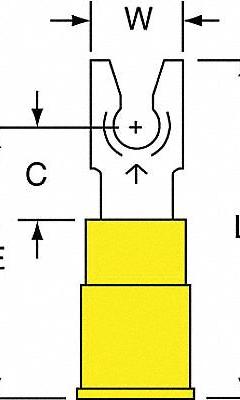 3M Fork Terminals: Yellow, Vinyl, #6 Stud Size, 12 AWG – 10 AWG Wire Range, Locking Fork, 1,000 V (MPN MVU10-6FLK). Key specifications — Barrel Style: Funnel; Manufacturer Part Number: MVU10-6FLK; Brand: 3M; Series: TH.