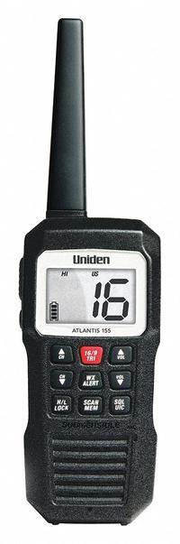 UNIDEN Handheld Two Way Radios: VHF, Analog, 5 W, 102 Channels, Alphanumeric, IPX8, Black, 10 hr (MPN Atlantis 155). Key specifications — Radio Application: Marine; Product Type: Handheld Two Way Radios; Features: Lightweight Design; Bluetooth: No; Subscription Type: 3 Year; IP Rating: IPX8; Manufacturer Part Number: Atlantis 155; Brand: UNIDEN.