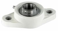 NTN 2 Bolt Flange Bearing: Radial Ball, 1 1/4 in Bore, Polymer, Set Screws, 6 13/32 in Lg, Rhombus (MPN SUCNFL207-20). Key specifications — Bore Type: Cylindrical; Brand: NTN; Lubricant Material: FDA/USDA-H1 Solid Grease; Mounting Bolt Size: 1/2 in; System of Measurement: Inch; Included Bearing Cap: None.