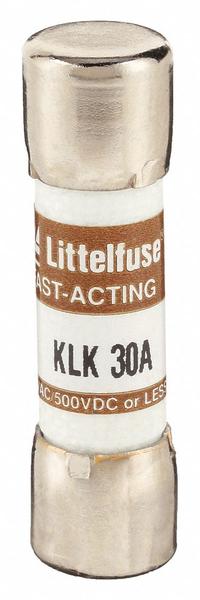 LITTELFUSE Fuse: KLK Series, Midget, Fast-Acting, 30 A, 600 V AC, 500 V DC, 13/32 in x 1 1/2 in (MPN KLK030). Key specifications — attr1287209: KLK; attr211192: LITTELFUSE.