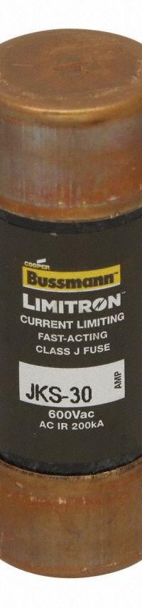 BUSSMANN Fuse: JKS Series, Class J, Cylindrical Body, Fast-Acting, 30 A, 600 V AC, Non-Indicating (MPN JKS-30). Key specifications — attr1287274: JKS; attr211200: BUSSMANN.