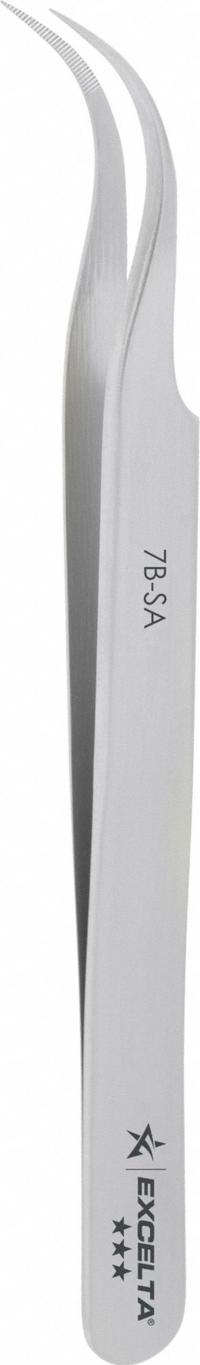 EXCELTA Tweezers: Stainless Steel, Point, Curved Tip, 0.004 in Tip Thick (MPN 7B-SA). Key specifications — attr1002355: Stainless Steel; attr1002345: EXCELTA; attr1002348: Stainless Steel; attr1002358: Serrated; attr1002361: 7B-SA; attr1024781: Standard.