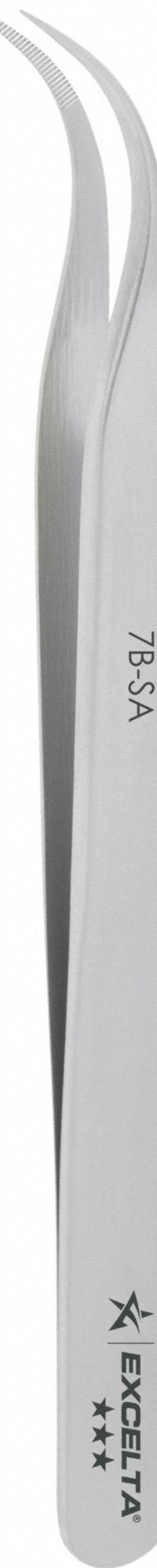 EXCELTA Tweezers: Stainless Steel, Point, Curved Tip, 0.004 in Tip Thick (MPN 7B-SA). Key specifications — attr1002355: Stainless Steel; attr1002345: EXCELTA; attr1002348: Stainless Steel; attr1002358: Serrated; attr1002361: 7B-SA; attr1024781: Standard.
