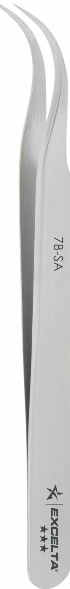EXCELTA Tweezers: Stainless Steel, Point, Curved Tip, 0.004 in Tip Thick (MPN 7B-SA). Key specifications — attr1002355: Stainless Steel; attr1002345: EXCELTA; attr1002348: Stainless Steel; attr1002358: Serrated; attr1002361: 7B-SA; attr1024781: Standard.
