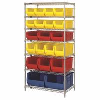 QUANTUM STORAGE SYSTEMS Shelving Unit: 36 in x 24 in x 74 in, 1 Sided, 20 Bins, Red, 7 Shelves (MPN WR7-20-MIXRD). Key specifications — Frame Color: Chrome; Bin HxWxD: (8) 7 x 8-1/4 x 23-7/8 in; Frame Material: Carbon Steel; Bin Color: Red; Brand: QUANTUM STORAGE SYSTEMS.