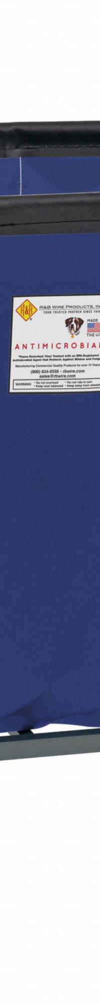R&B WIRE PRODUCTS INC. Basket Truck: 25 cu ft, 800 lb, 48 in L x 32 1/2 in W x 33 1/4 in H, Steel (MPN 420SOC/ANTI/NVY). Key specifications — Brand: R&B WIRE PRODUCTS INC.; Liner Color: Navy Blue; Caster/Wheel Configuration: (4) Swivel; Assembled/Unassembled: Assembled.