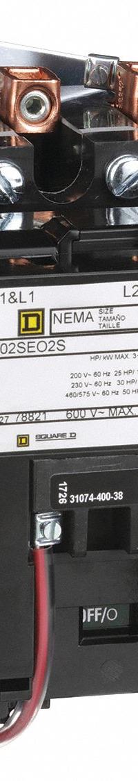 SQUARE D NEMA Magnetic Contactor: Non-Reversing, 3 Poles, NEMA Size 3, 90 A, 120V AC (MPN 8502SEO2V02S). Key specifications — Brand: SQUARE D.