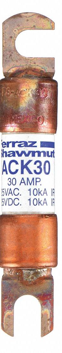 MERSEN Forklift Limiter Fuse: ACK Series, Bolt-On, Gen Purpose, 30 A, 125 V DC, Non-Indicating (MPN ACK30). Key specifications — Brand: MERSEN; Series: ACK.