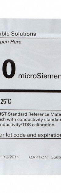 OAKTON Conductivity Calibration Solution: ACS, 20 mL Volume, Liquid, 10 microsiemens, Foil, 20 (MPN WD-35653-09). Key specifications — Brand: OAKTON; CAS Number: 71-23-8; Chemical Family Type: Solution; Chemical Grade: ACS; Concentration: 10 microsiemens; Container Material: Foil; Container Type: Pouch; Form: Liquid.