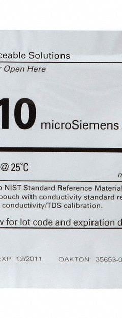 OAKTON Conductivity Calibration Solution: ACS, 20 mL Volume, Liquid, 10 microsiemens, Foil, 20 (MPN WD-35653-09). Key specifications — Brand: OAKTON; CAS Number: 71-23-8; Chemical Family Type: Solution; Chemical Grade: ACS; Concentration: 10 microsiemens; Container Material: Foil; Container Type: Pouch; Form: Liquid.