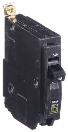 SQUARE D Miniature Circuit Breaker: 35 A, 120/240V AC, Single Phase, 10kA at 120/240V AC, 1 Poles (MPN QOB135). Key specifications — Phase: Single; Amps: 35 A; AC Voltage Rating: 120/240V AC; Max. AIR Rating: 10kA at 120/240V AC; For Use With: Square D NQOD Panelboards; Brand: SQUARE D.