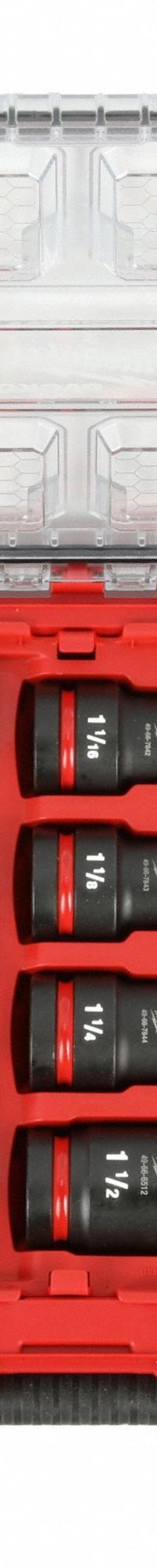 MILWAUKEE Impact Socket Set: 1 in Drive Size, Small Set (0-50 pieces) Set Size, 7 Pieces, 0 (MPN 49-66-7840). Key specifications — attr1226214: PACKOUT™; attr1204251: MILWAUKEE; attr1215453: 1 in; attr1215454: 13/16 in to 1-3/16 in; attr1224229: Friction.