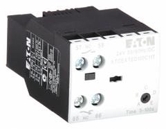 EATON IEC Timer Module: Off Delay, 5 sec – 100 sec, 1NO/1NC, 24V AC/DC Coil (MPN XTCEXTED100C11T). Key specifications — Maximum Voltage Rating: 24V AC/DC; Mounting: Front; Brand: EATON; Compatible with Series: XTRE10B.