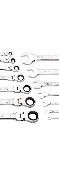 GEARWRENCH Combination Ratcheting Wrench Set: Alloy Steel, Full Polish Chrome, 14 Tools, Std, SAE (MPN 86759). Key specifications — attr309581: Full Polish Chrome; attr309580: Alloy Steel; attr309571: No; attr309583: No; attr309587: Yes; attr324931: GEARWRENCH; attr309569: 1/4 in to 1 in.