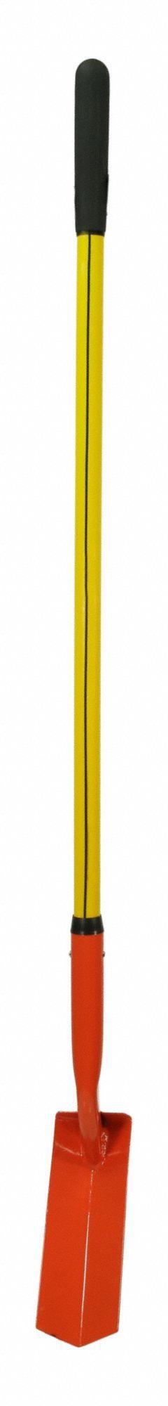 NUPLA Trenching Shovel V-Type Blade: Steel Blade, 14 ga, Straight Handle Type, Fiberglass Handle (MPN 75.69-204). Key specifications — Blade Color: Red; Handle Color: Yellow; Blade Material: Steel.